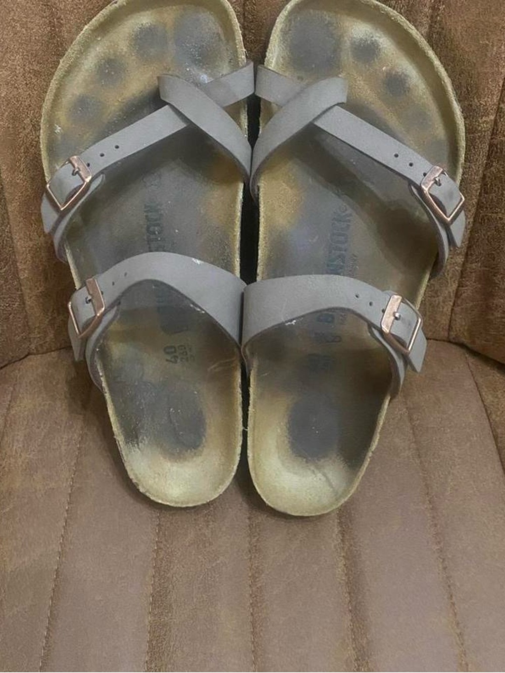 Birkenstock Taupe Cross-Strap Sandals with Rose Gold Buckles